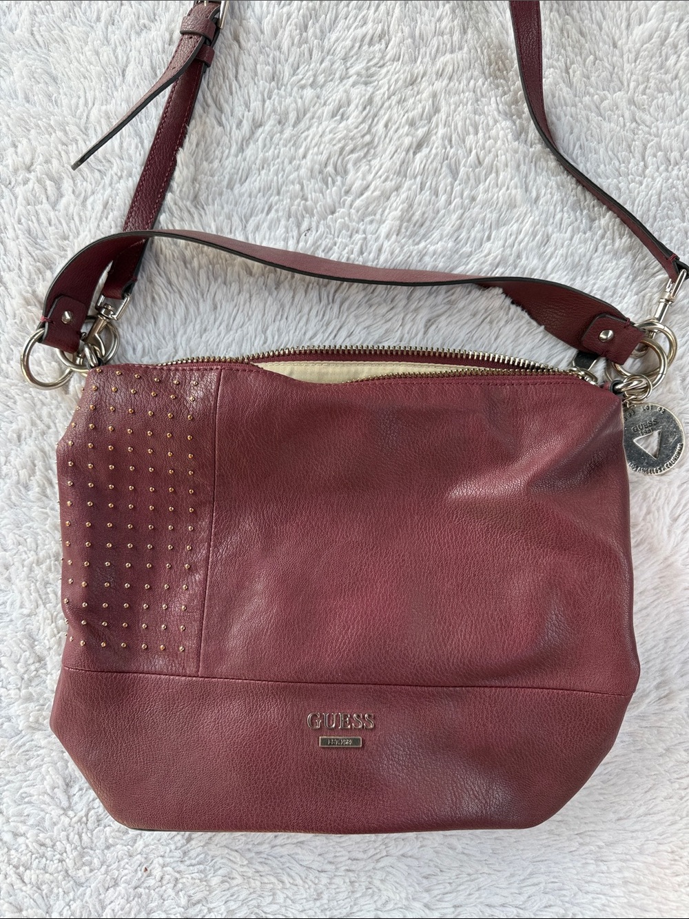 GUESS Burgundy Crossbody Bag with Gold Stud Accents